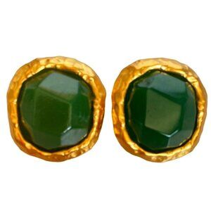Anne Klein Couture rare 1980s vintage rustic‎ cabochon & frame green  earrings